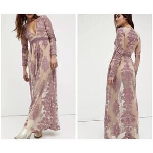 Free People For Love & Lemons Temecula Maxi Sheer Embroidered Dress Size S Pink